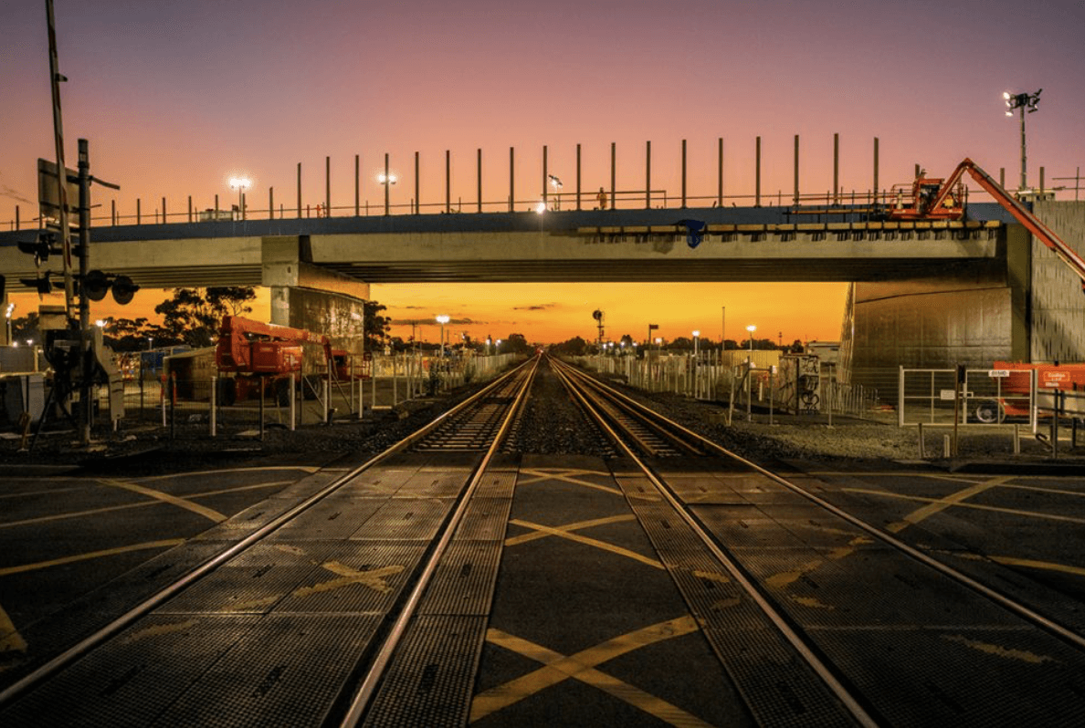 Building a bridge on sunset